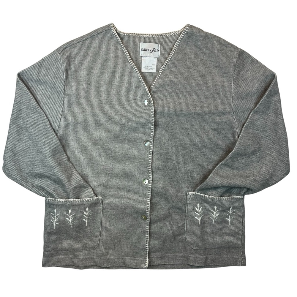 Vintage Vanity Fair Gray Ribbed Fleece Cardigan Sweater with Embroidery, Size M